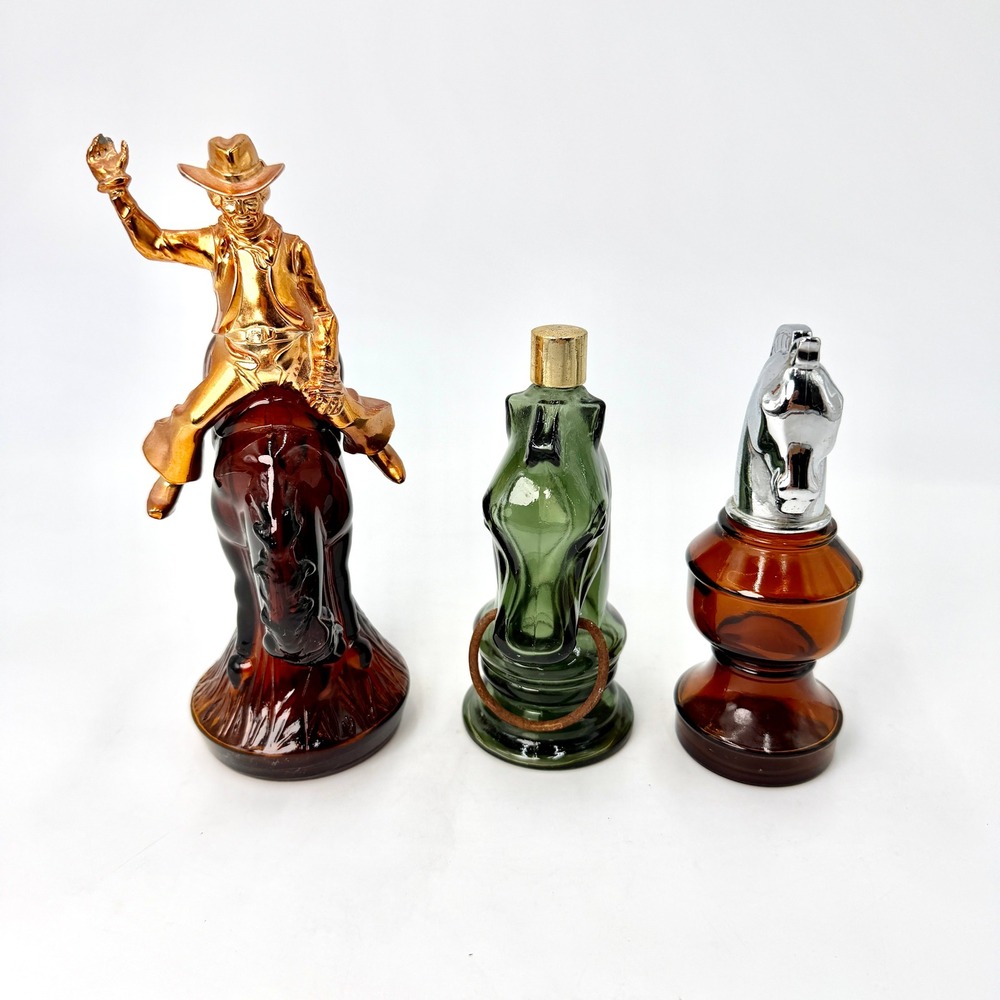 Vintage Avon After Shave Decanter Set Cowboy Horse Knight Glass Bottles 3pc